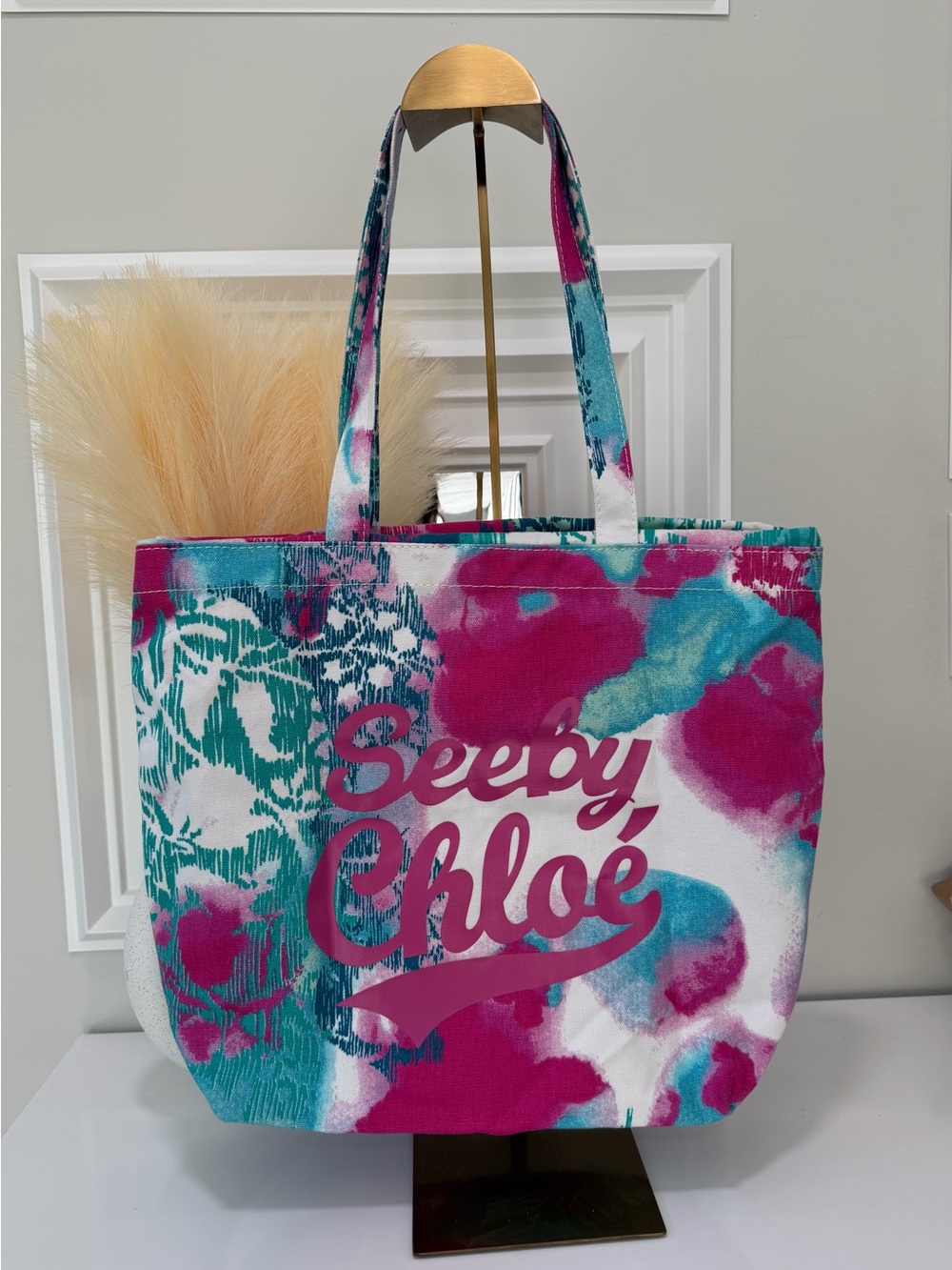 See By Chloe Pink and Turquoise Canvas Logo Tote